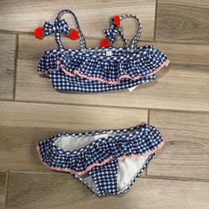 Like New Mini Boden Tallulah Frill Bikini Blue Gingham and Strawberry - 4-5Y